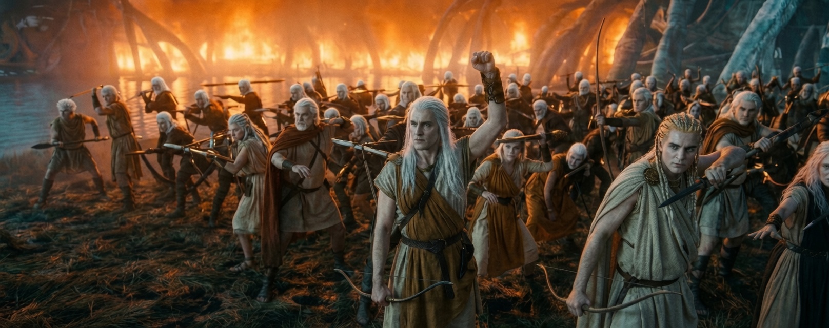 Fantasy battle scene — elven warriors before a burning forest
