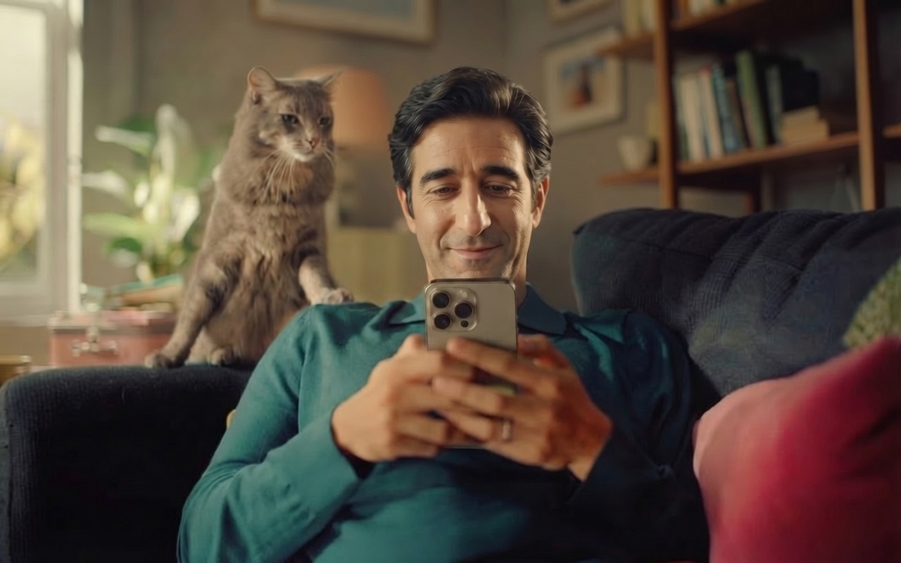 Commercial film still — man with cat on sofa