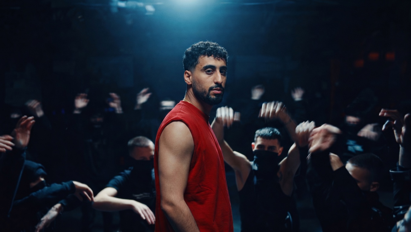 Music video still — rapper in red surrounded by dancers